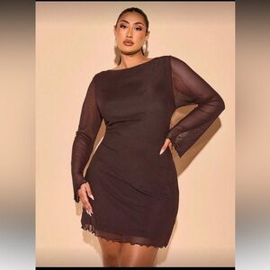SHEIN Brown Long Sleeve Dress with Sheer Detail